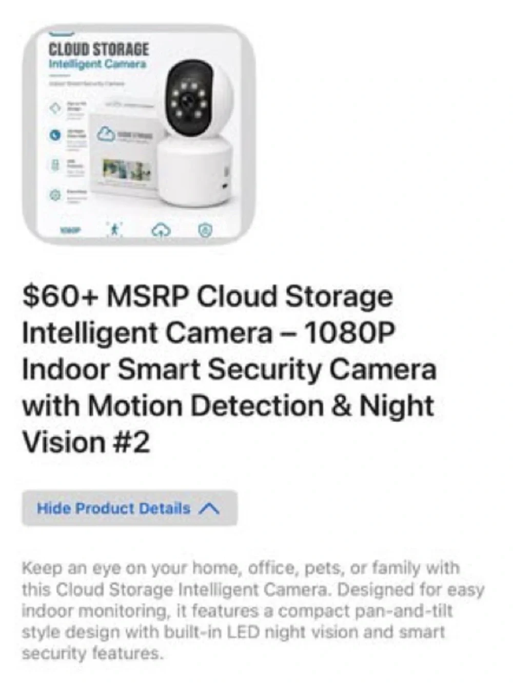 Cloud Storage Intelligent Camera 1080P Indoor Security Camera w/Motion Detection